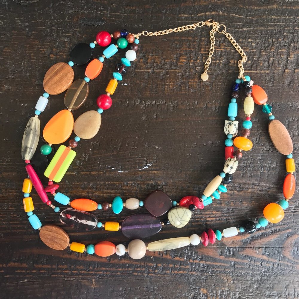 BOHO 3 Strand Wood Acrylic Bead Necklace - Picture 2 of 12